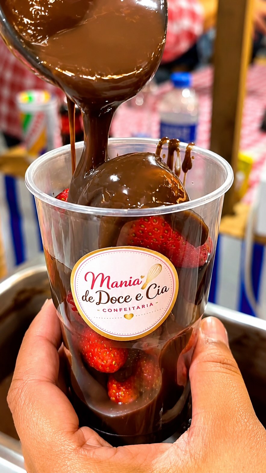 Fondue no copo com frutas e chocolate